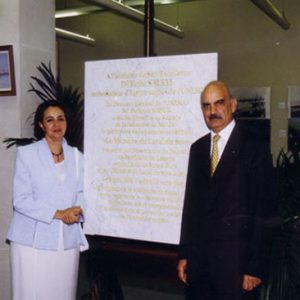 with devoiler the marble plate celebrating putting the documents of the Suez Canal on the Memory of the World Register of the UNESCO